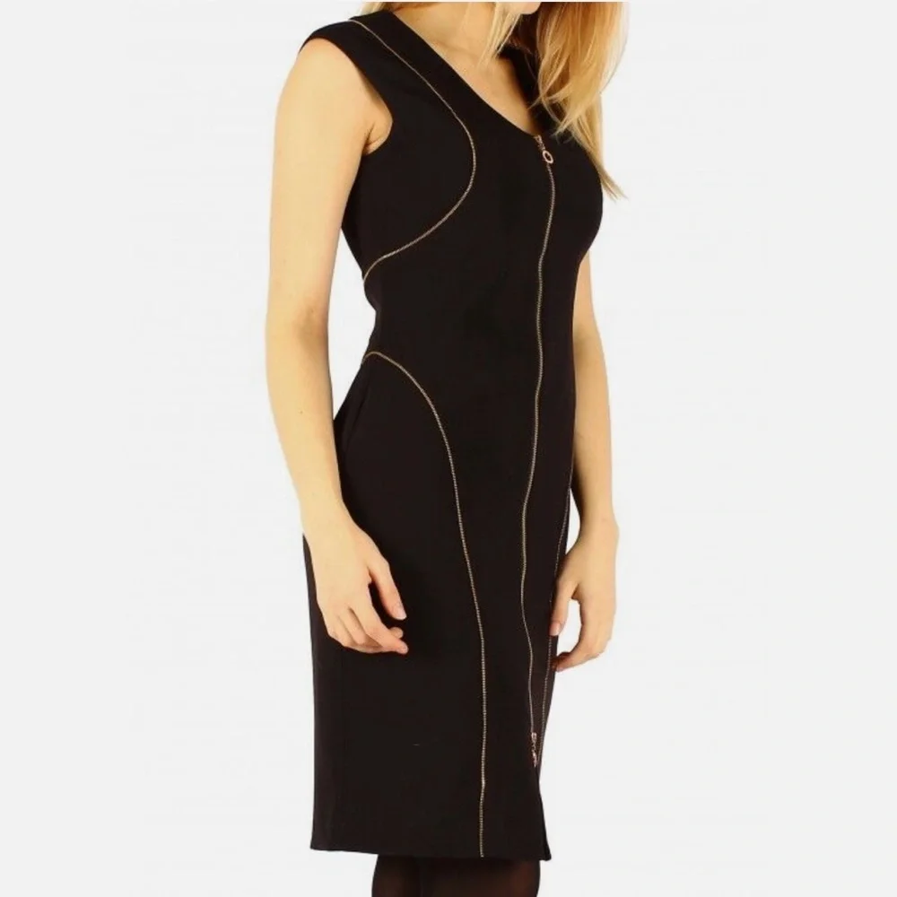 CALVIN KLEIN | Black Sheath Dress with Accent Contouring Gold Zipper Piping - Picture 3 of 12